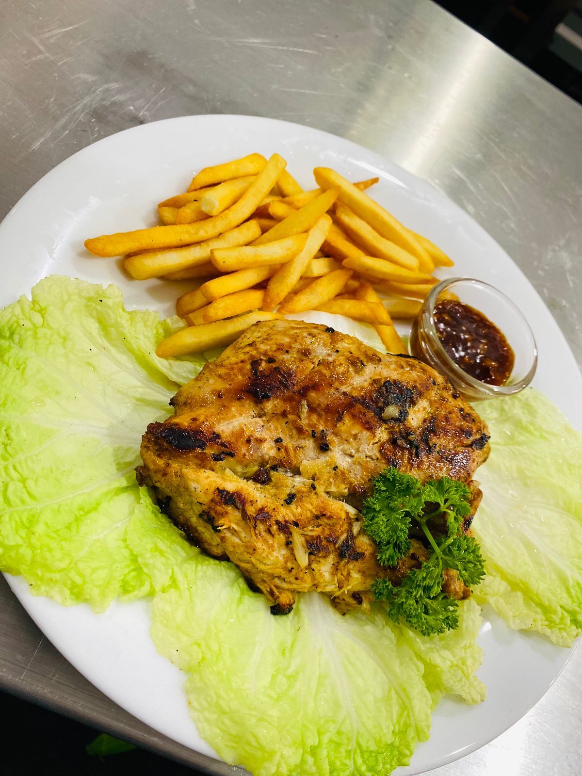 Grilled chicken with fries