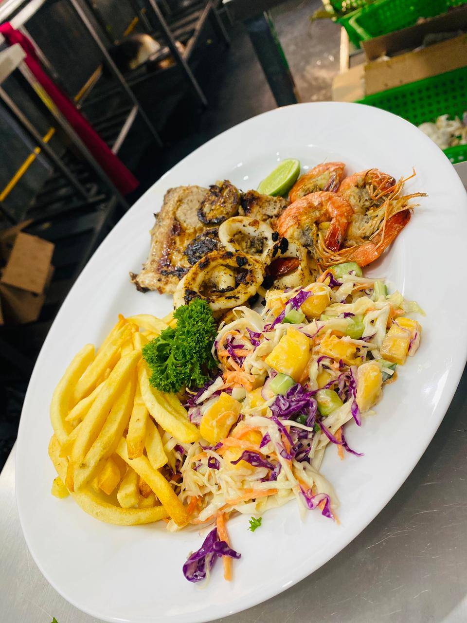 Grilled prawns with coleslaw