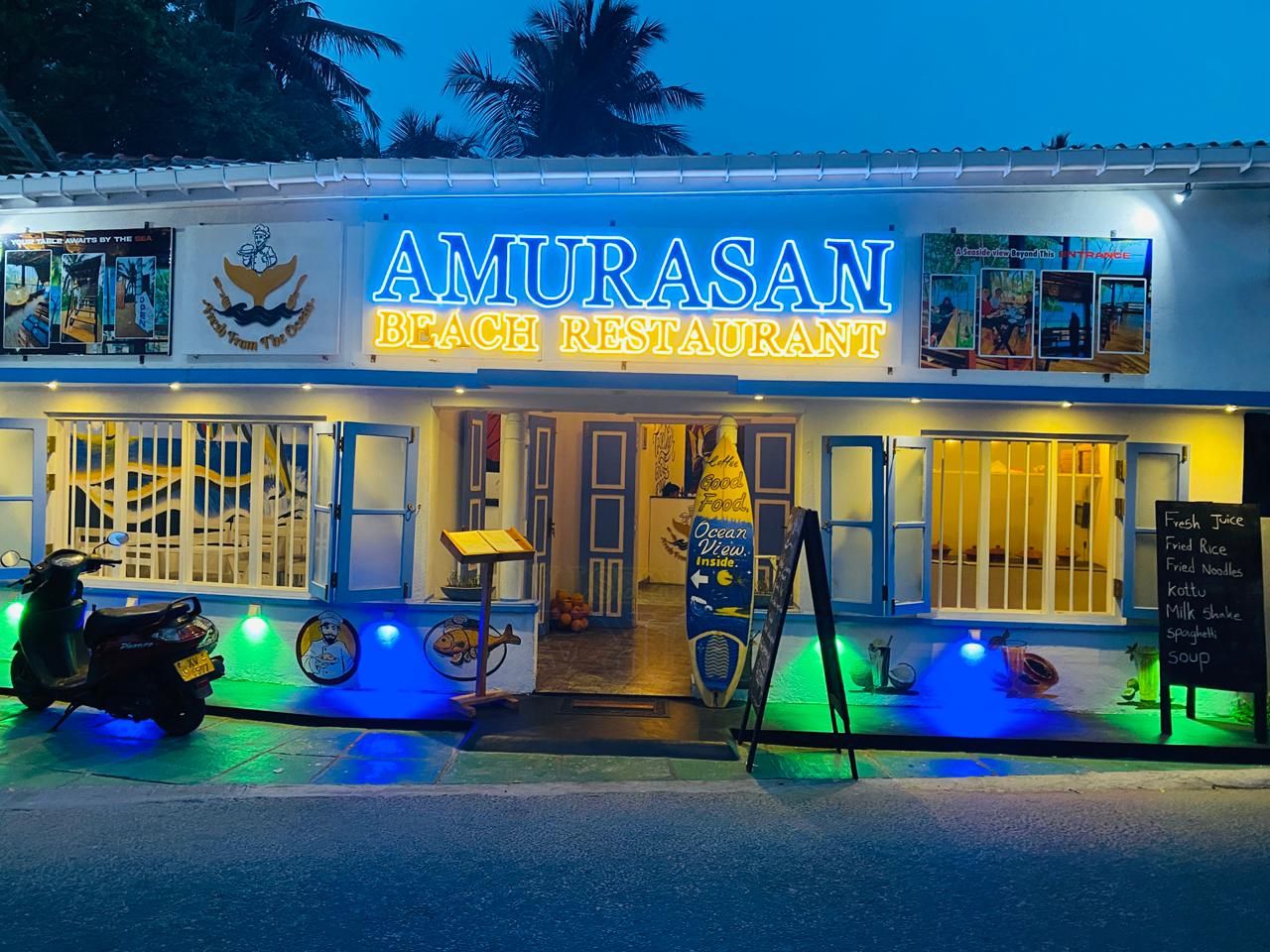 Amurasan Beach Restaurant exterior at night